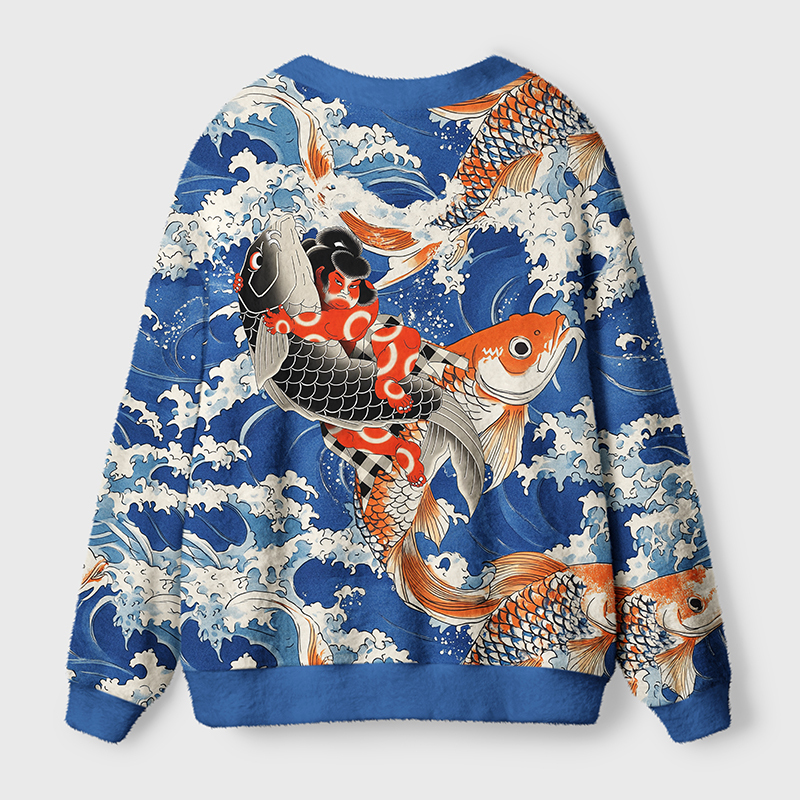 Tokyo-Tiger Sumo Wrestler Holding A Koi Ugly Cardigan Sweater