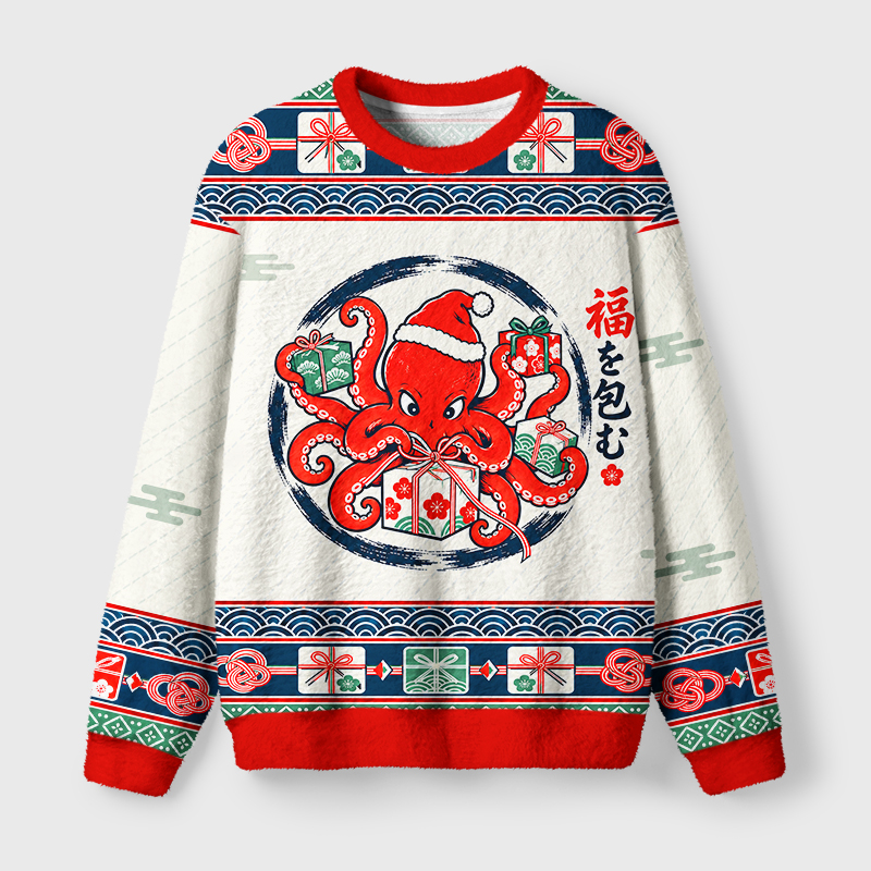 Tokyo-Tiger Octopus Unwrapping A Gift Fuzzy Christmas Ugly Sweatshirt