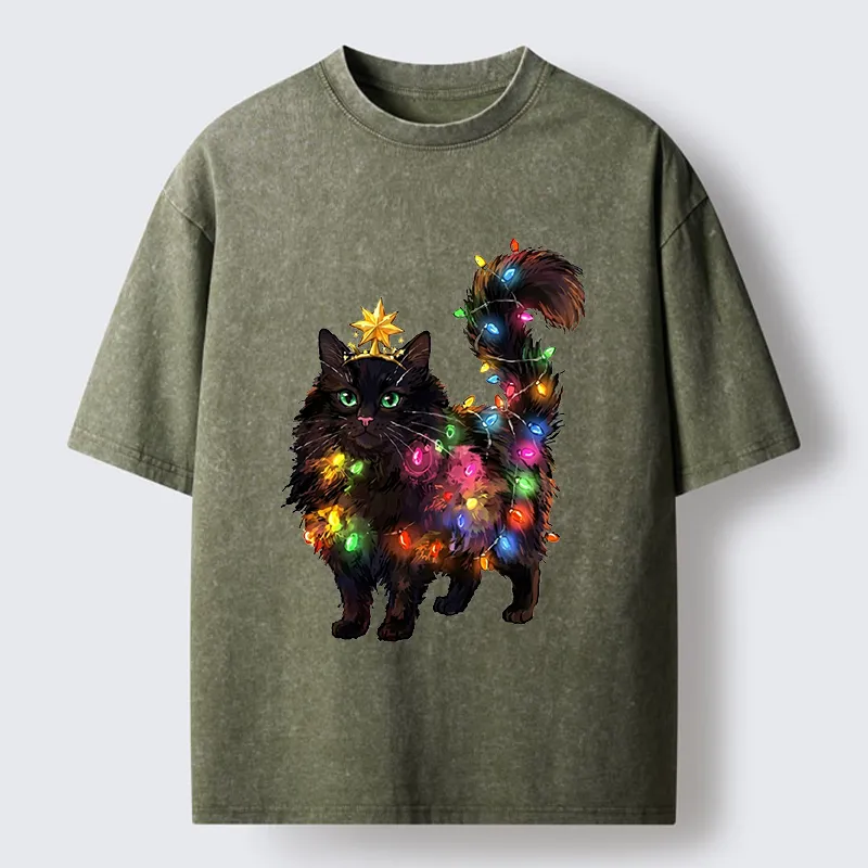 Tokyo-Tiger Christmas Black Cat With Star Crown Washed T-Shirt