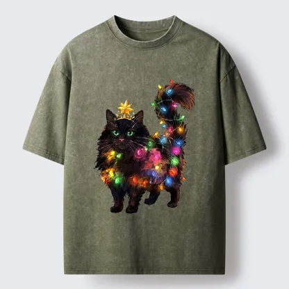 Tokyo-Tiger Christmas Black Cat With Star Crown Washed T-Shirt