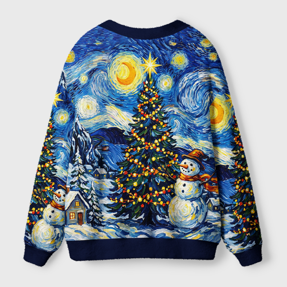 Tokyo-Tiger Starry Christmas Night Snowman Ugly Cardigan Sweater
