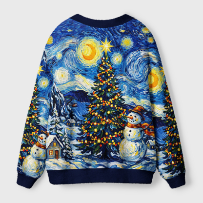 Tokyo-Tiger Starry Christmas Night Snowman Ugly Cardigan Sweater