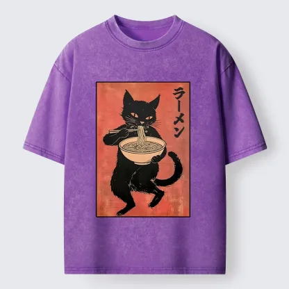 Tokyo‑Tiger Retro Cat Ramen Washed T‑Shirt