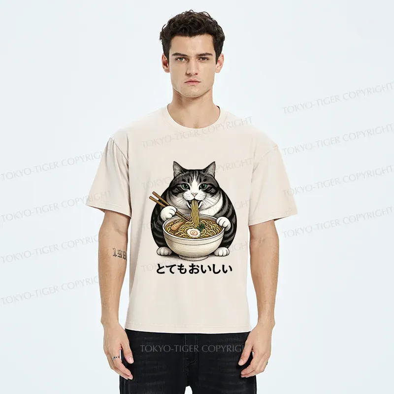 Tokyo-Tiger Fat Cat Eating Delicious Ramen Washed T-Shirt