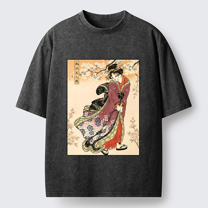 Tokyo‑Tiger Kimono Cat Art Washed T‑Shirt