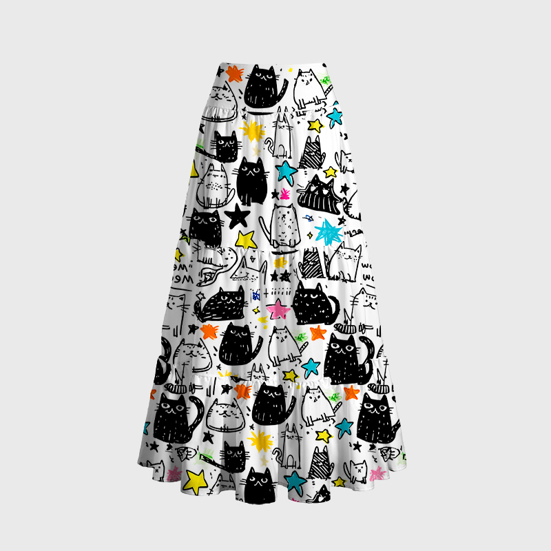 Tokyo-Tiger Cosmic Cat Doodles Maxi Skirt