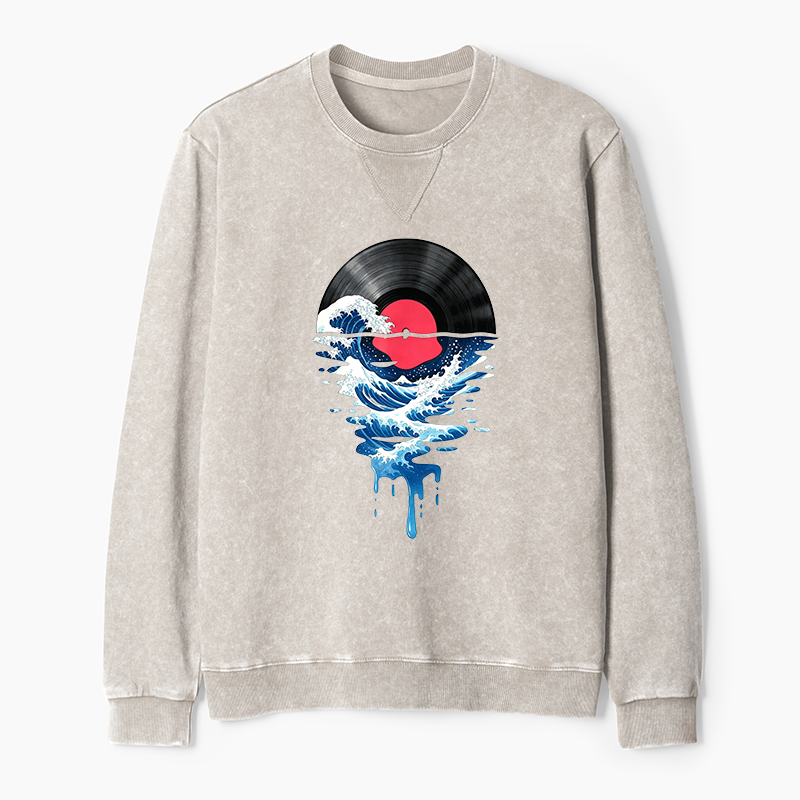 Tokyo-Tiger Vinyl Records And Waves Washed Terry Sweatshirt