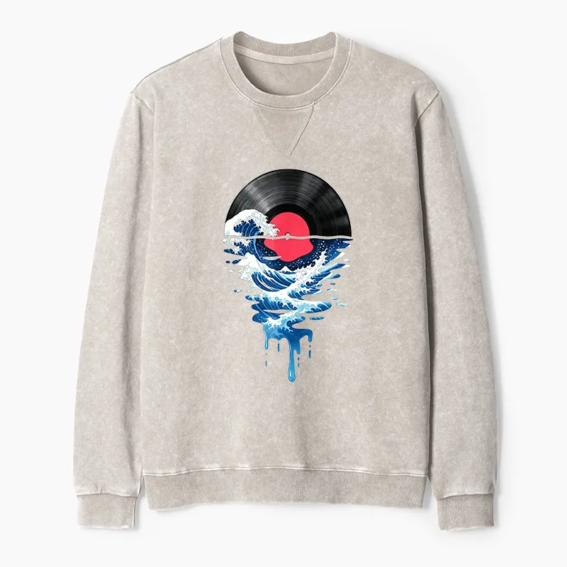 Tokyo-Tiger Vinyl Records And Waves Washed Terry Sweatshirt