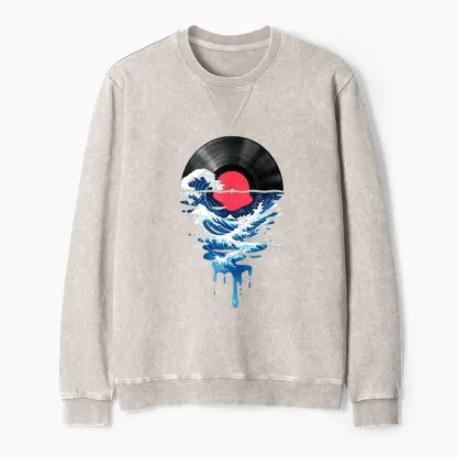 Tokyo-Tiger Vinyl Records And Waves Washed Terry Sweatshirt