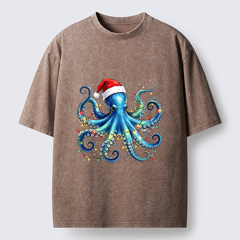 Tokyo‑Tiger Christmas Octopus Lights Washed T‑Shirt