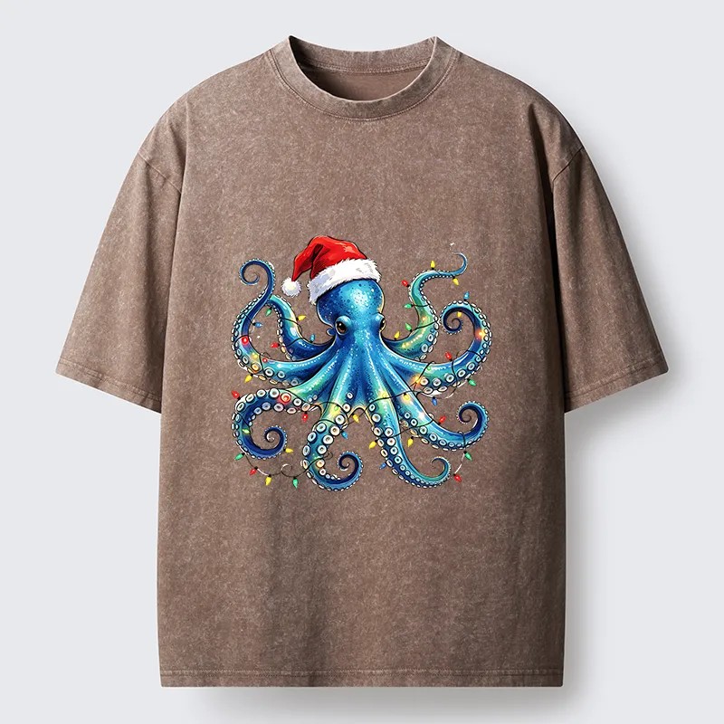 Tokyo‑Tiger Christmas Octopus Lights Washed T‑Shirt