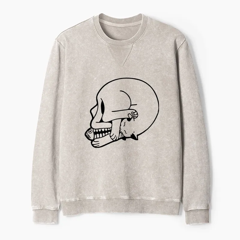 Tokyo-Tiger Funny Cat Eating Fish Washed Terry Sweatshirt