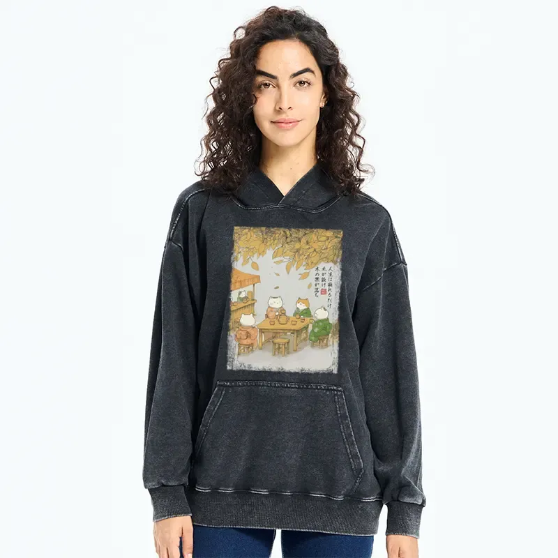 Tokyo-Tiger Cats Drinking Tea Under The Tree Washed Hoodie