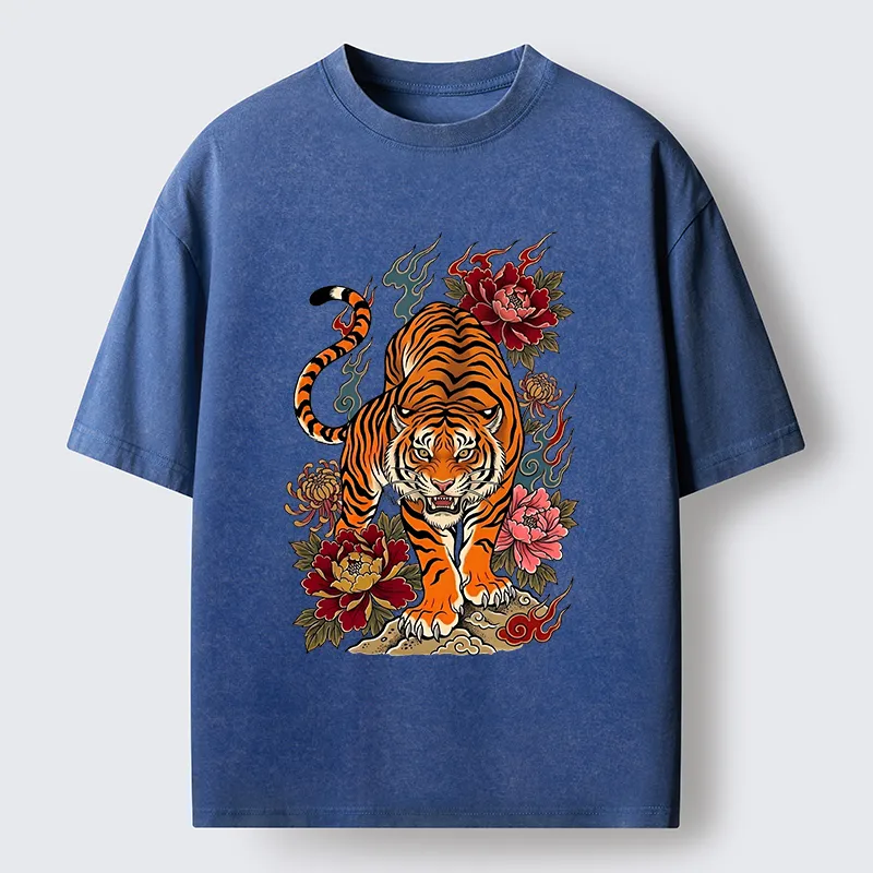 Tokyo-Tiger Floral Tiger Art Washed T-Shirt