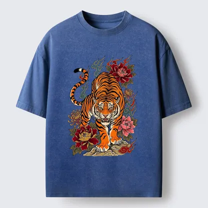 Tokyo-Tiger Floral Tiger Art Washed T-Shirt