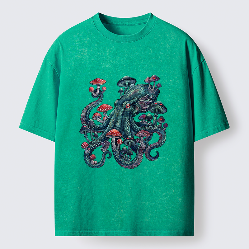 Tokyo-Tiger Octopus Covered In Mushrooms Washed T-Shirt