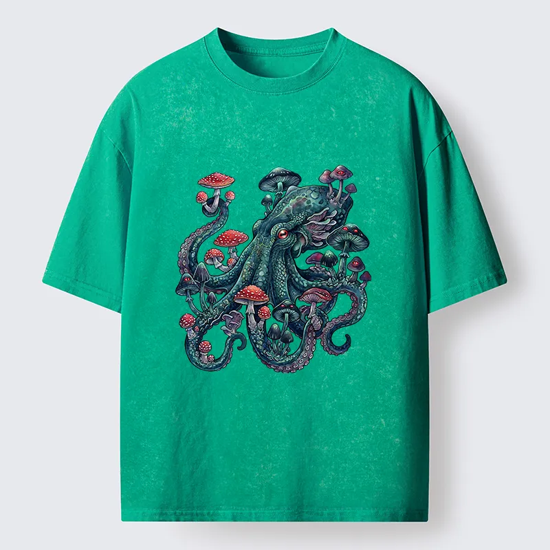 Tokyo-Tiger Octopus Covered In Mushrooms Washed T-Shirt