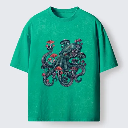 Tokyo-Tiger Octopus Covered In Mushrooms Washed T-Shirt