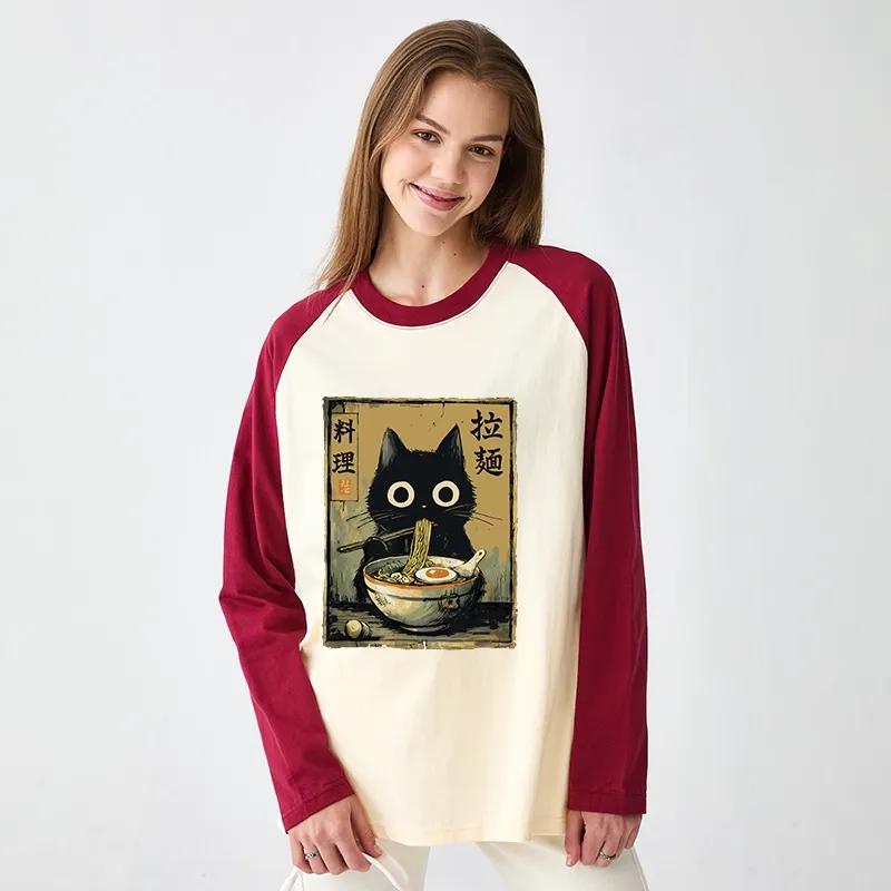 Tokyo-Tiger Cute Black Cat Eating Ramen Japan Raglan Long Sleeve T-shirt