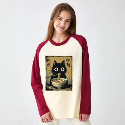 Tokyo-Tiger Cute Black Cat Eating Ramen Japan Raglan Long Sleeve T-shirt