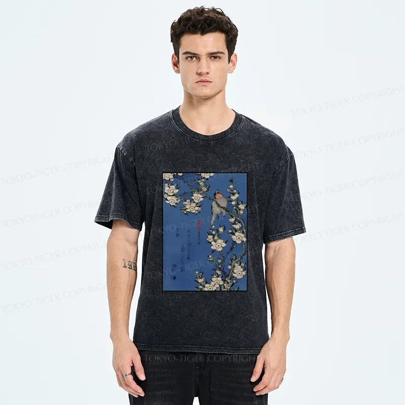Tokyo-Tiger Japanese Bird And Wood Painting Washed T-Shirt