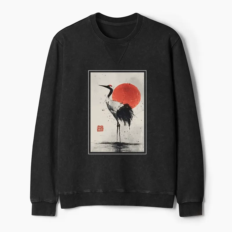 Tokyo-Tiger Retro Japanese Red-crowned Crane Washed Terry Sweatshirt