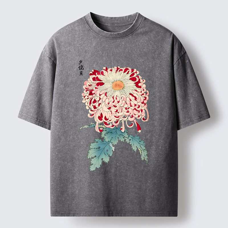Tokyo-Tiger Vintage Chrysanthemum Art Washed T-Shirt