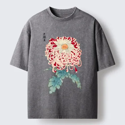Tokyo-Tiger Vintage Chrysanthemum Art Washed T-Shirt