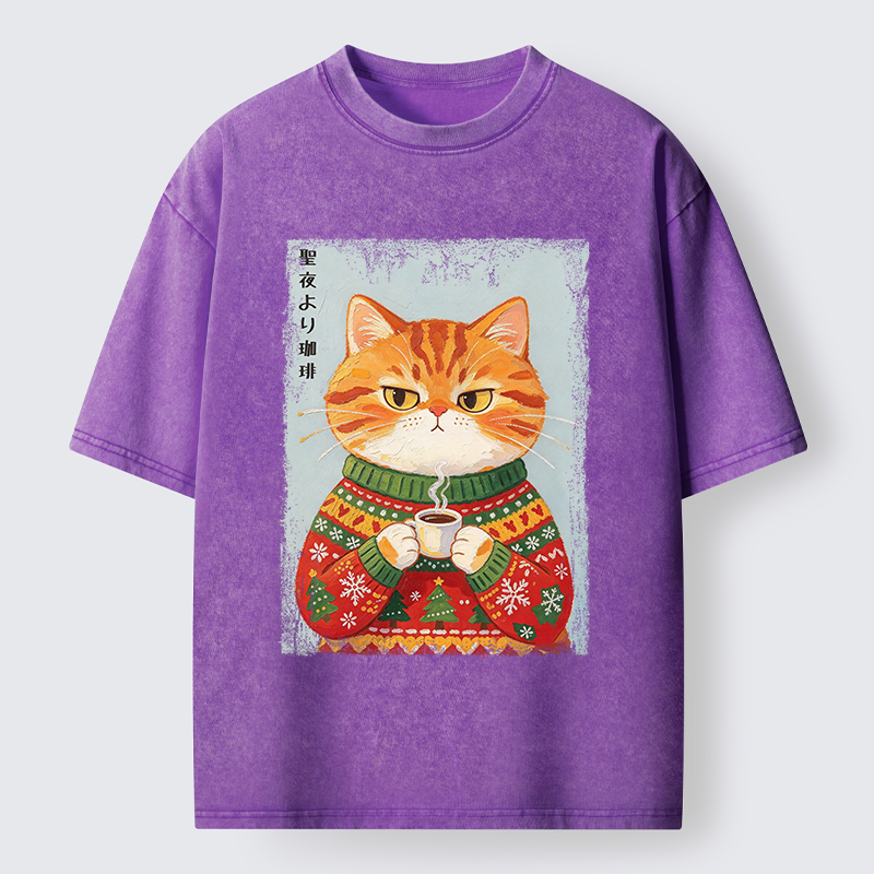 Tokyo-Tiger Christmas Coffee Cat Art Washed T-Shirt