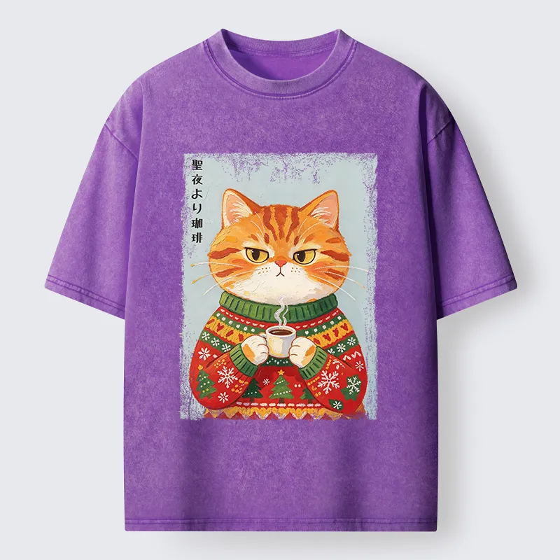 Tokyo-Tiger Christmas Coffee Cat Art Washed T-Shirt