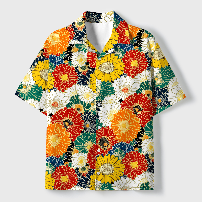 Tokyo-Tiger Colorful Chrysanthemums Cuban Collar Shirt