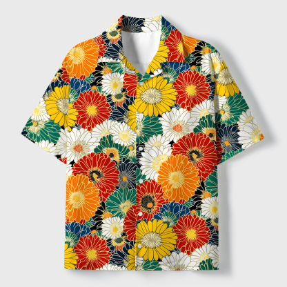 Tokyo-Tiger Colorful Chrysanthemums Cuban Collar Shirt