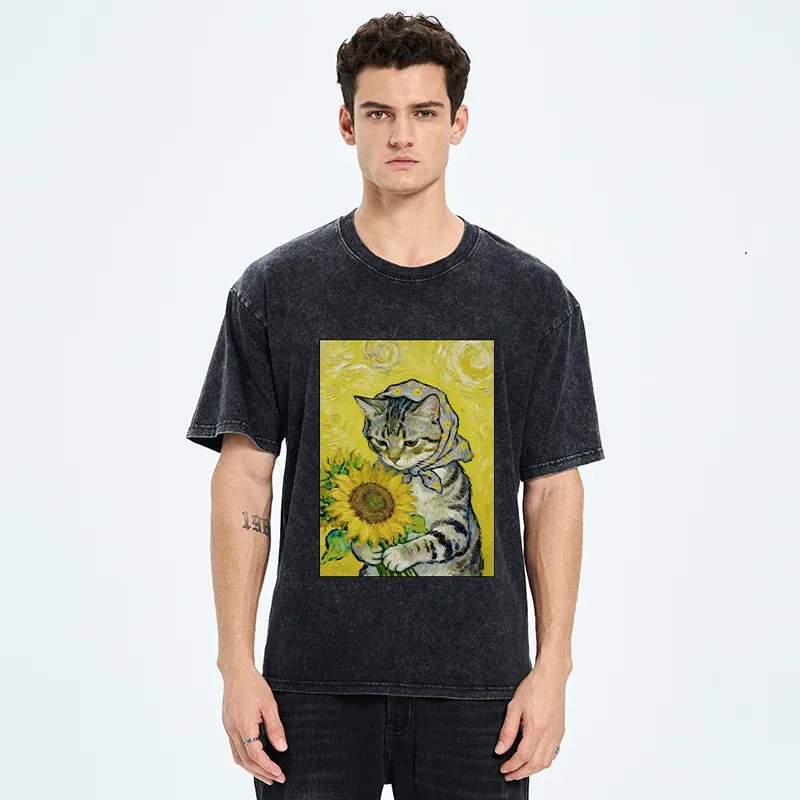 Tokyo-Tiger Cat Is Picking Sunflowers Washed T-Shirt
