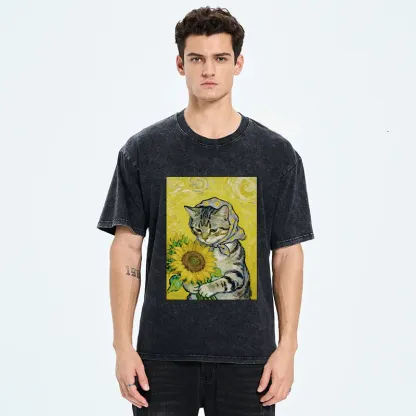 Tokyo-Tiger Cat Is Picking Sunflowers Washed T-Shirt