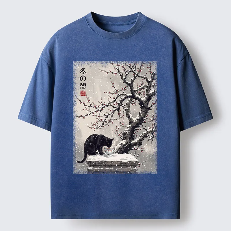 Tokyo‑Tiger Snow Cat Calm Vibes Washed T-Shirt