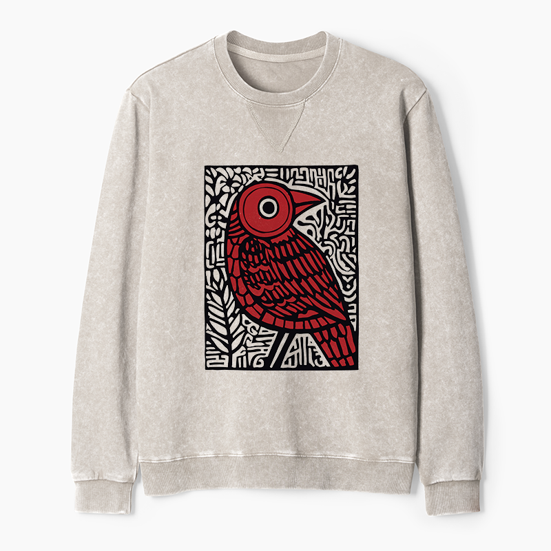 Tokyo-Tiger Retro Woodblock Bird Washed Terry Sweatshirt