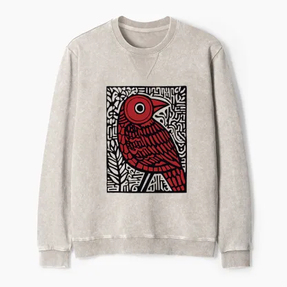 Tokyo-Tiger Retro Woodblock Bird Washed Terry Sweatshirt