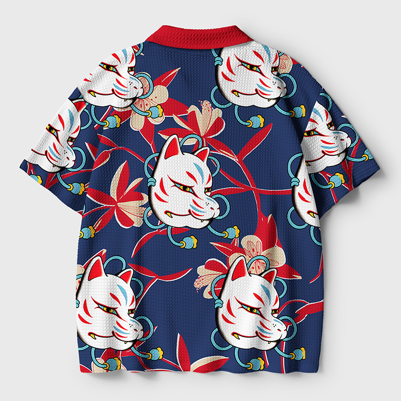 Tokyo-Tiger Japanese Fox Mask Crochet Polo Shirt