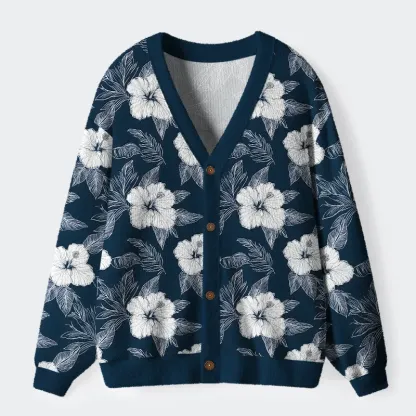 Tokyo-Tiger Floral Leaf Silhouette Ugly Cardigan Sweater