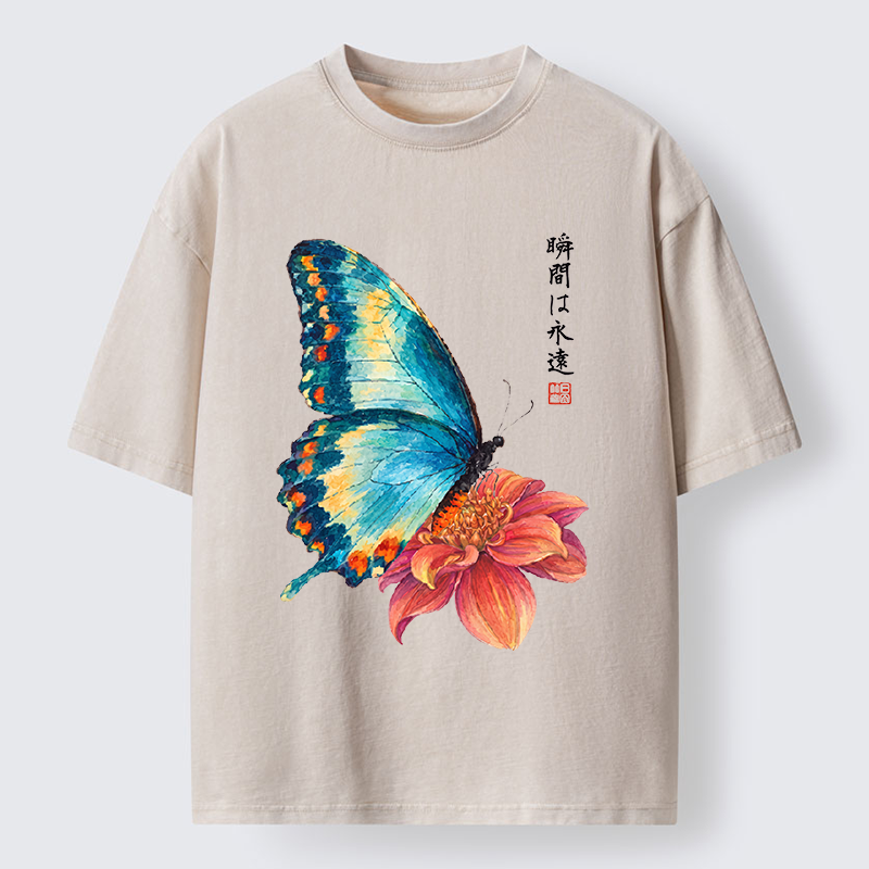 Tokyo-Tiger Flower Butterfly Vibe Washed T-Shirt