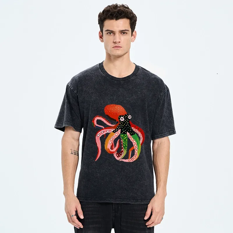 Tokyo‑Tiger Colorful Octopus Art Washed T‑shirt