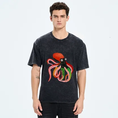 Tokyo‑Tiger Colorful Octopus Art Washed T‑shirt