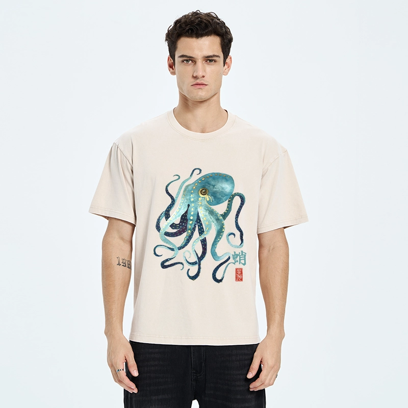 Tokyo-Tiger Soft Watercolor Octopus Japanese Art Washed T-Shirt