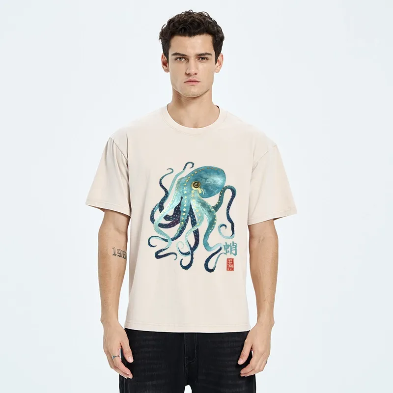 Tokyo-Tiger Soft Watercolor Octopus Japanese Art Washed T-Shirt