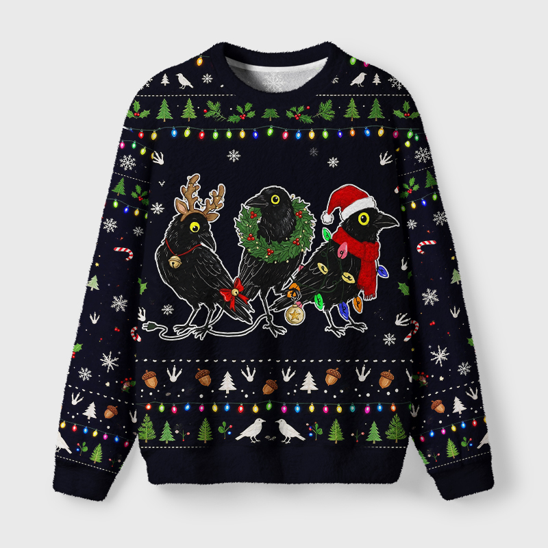Tokyo-Tiger Funny Three Christmas Crows Fuzzy Christmas Ugly Sweatshirt