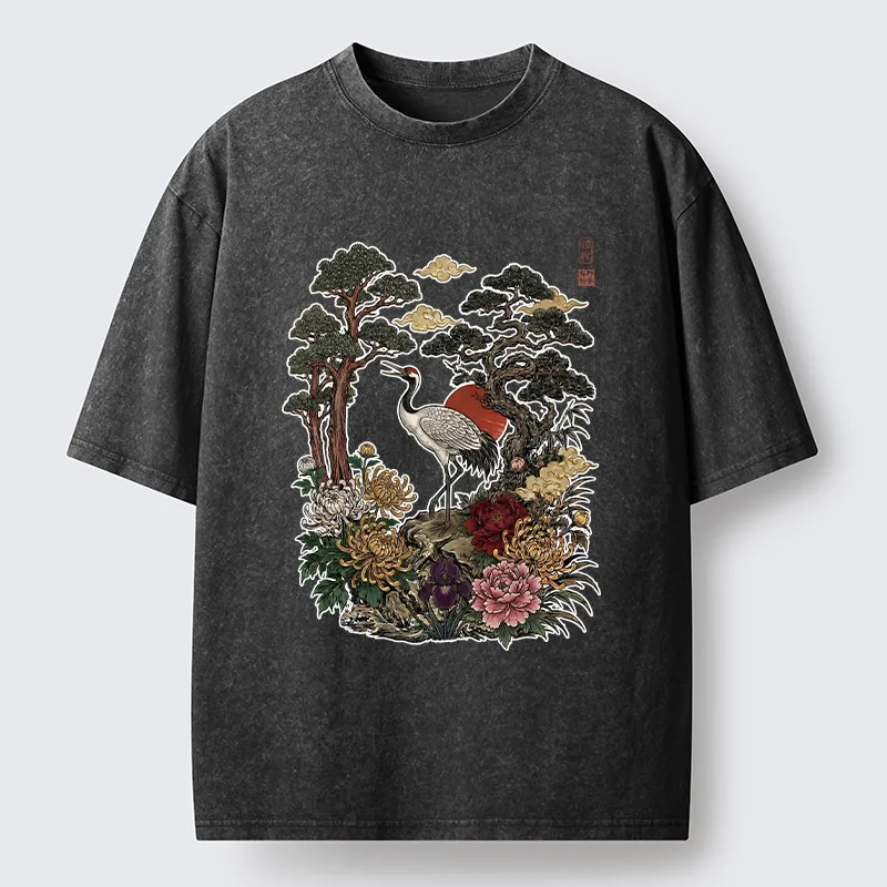 Tokyo-Tiger Vintage Crane Pine Tree Art Washed T-Shirt