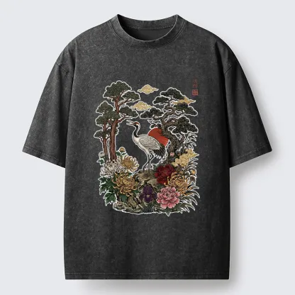 Tokyo-Tiger Vintage Crane Pine Tree Art Washed T-Shirt