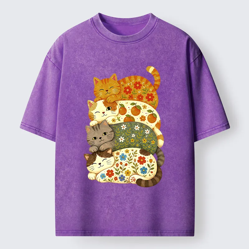 Tokyo‑Tiger Stacked Floral Cats Washed T‑Shirt