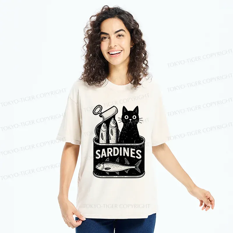 Tokyo-Tiger Cat And Canned Fish Washed T-Shirt