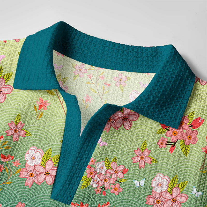Tokyo-Tiger Sakura Blossom Waves Crochet Polo Shirt